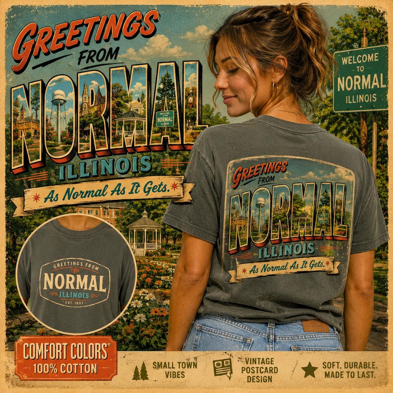 Greetings From Normal Illinois Postcard Shirt | Vintage Travel Tee