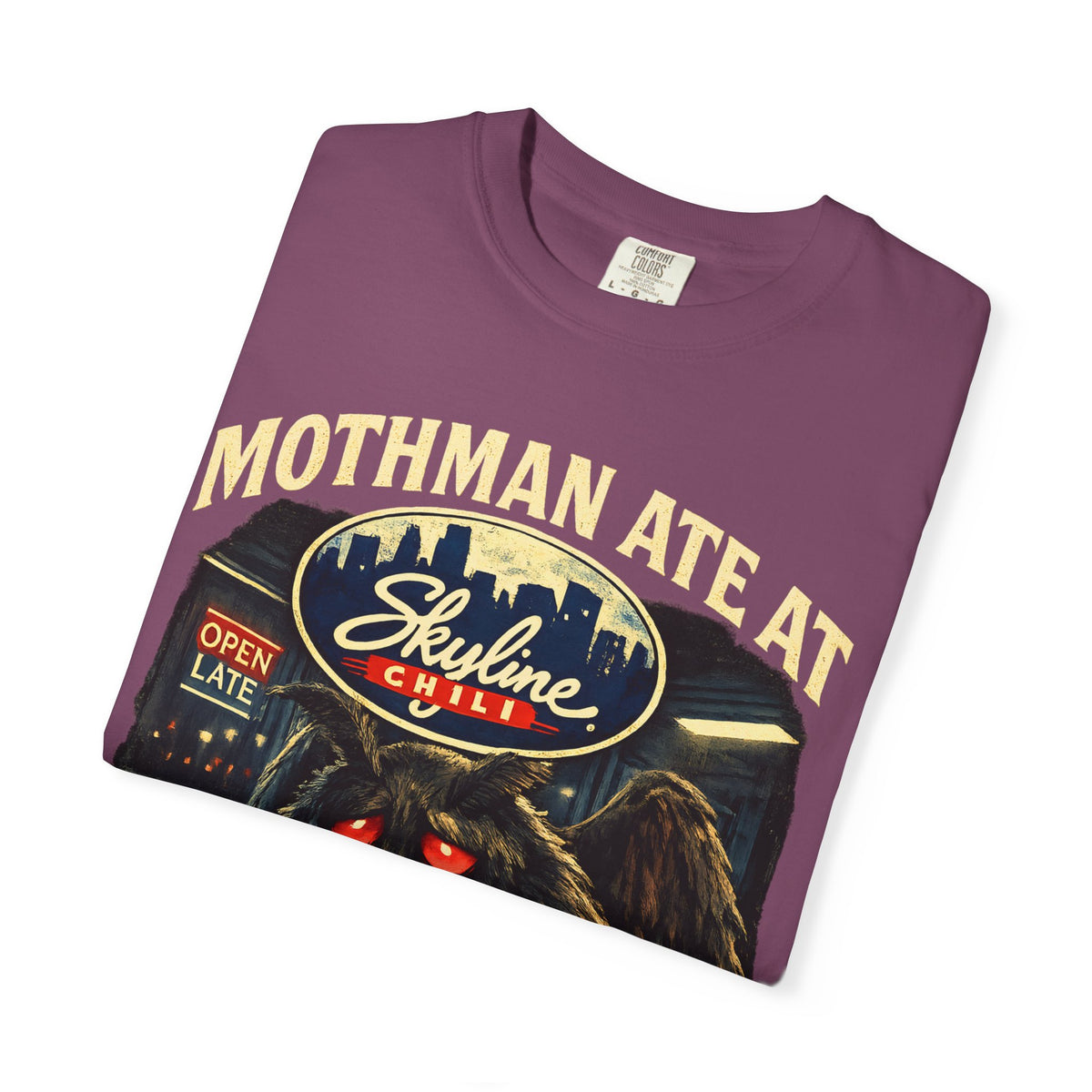 Satirical Mothman Chili Shirt, Cryptid Diner Graphic, Midnight Ohio Humor, Retro Monster Aesthetic, Open Late Apparel