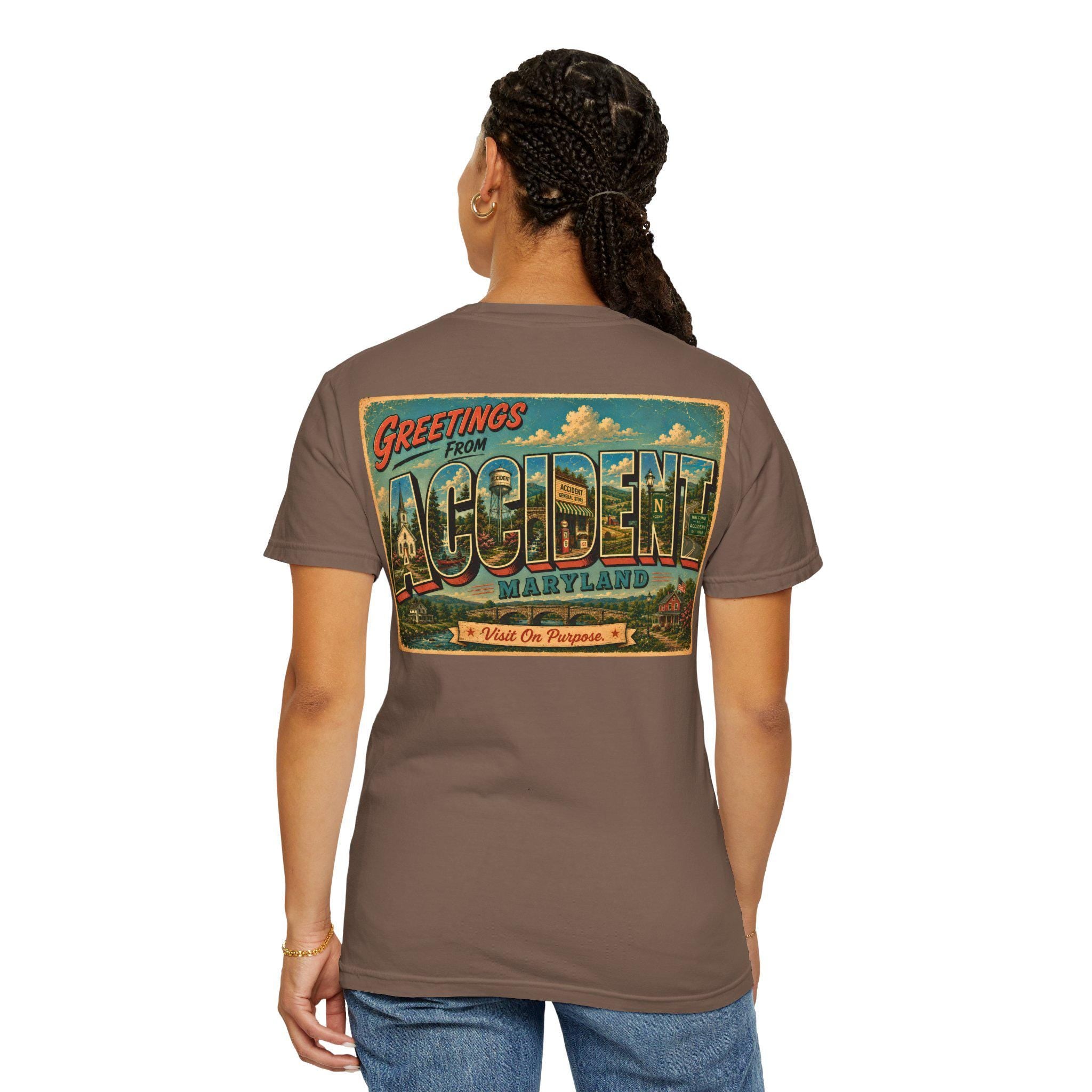 Greetings From Accident Maryland Postcard Graphic Tee, Vintage Small Town Souvenir Shirt
