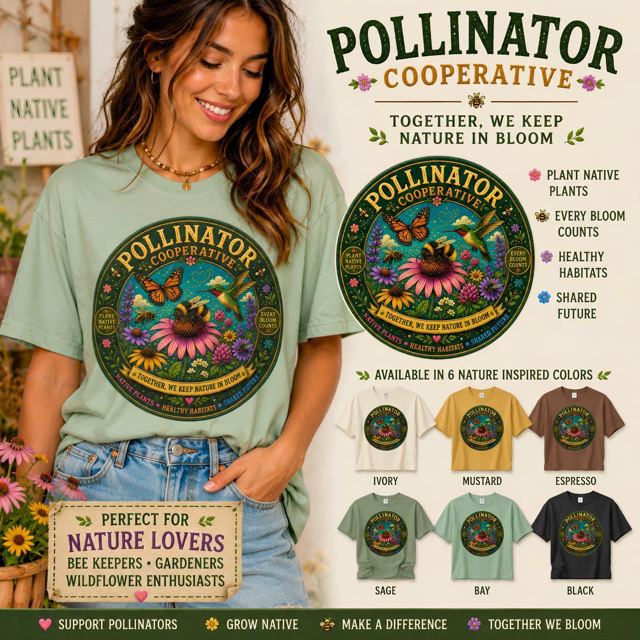 Pollinator Cooperative Shirt, Native Plants, Bee Butterfly Hummingbird Tee