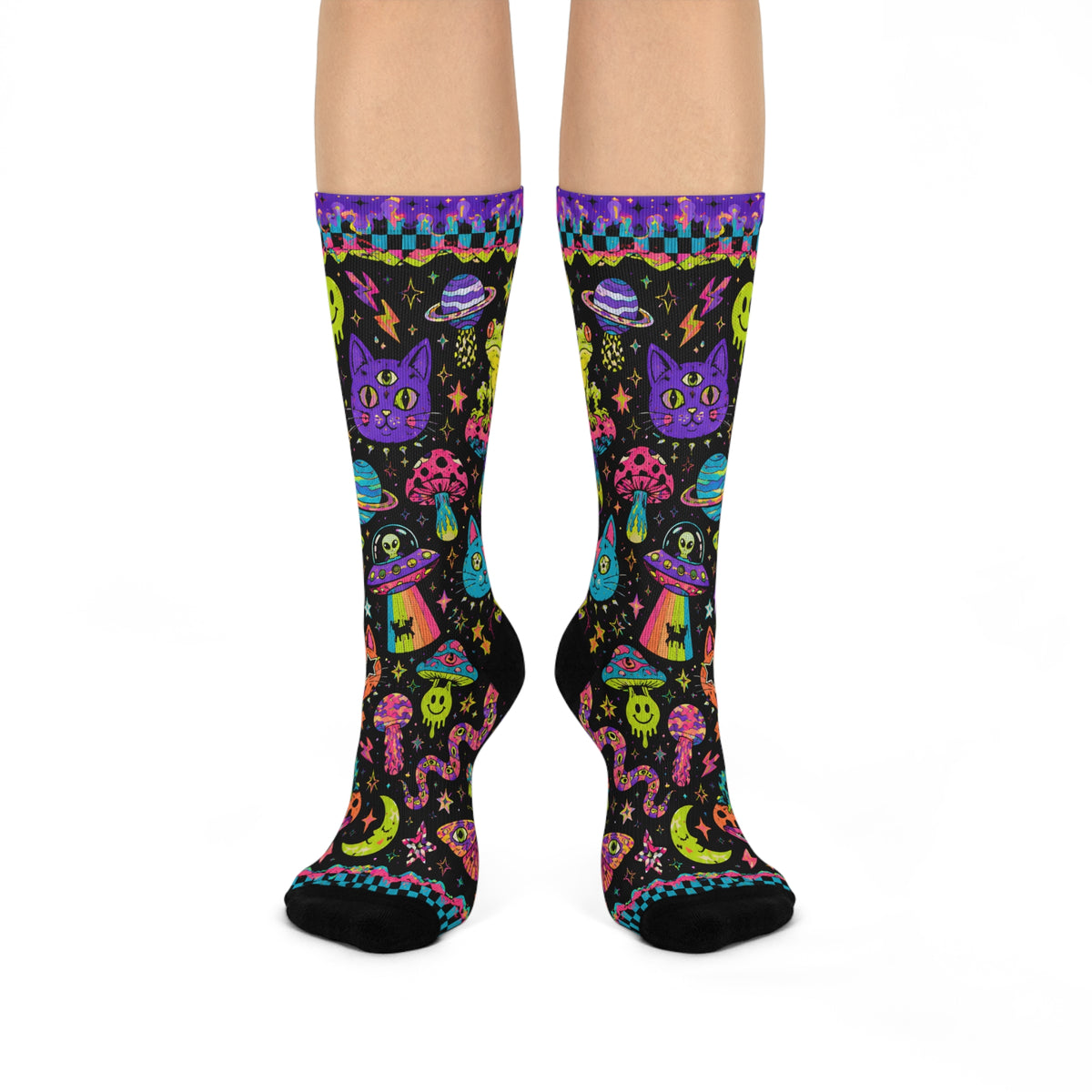 Neon Cosmic Cats Cushioned Crew Socks | Psychedelic Space Pattern
