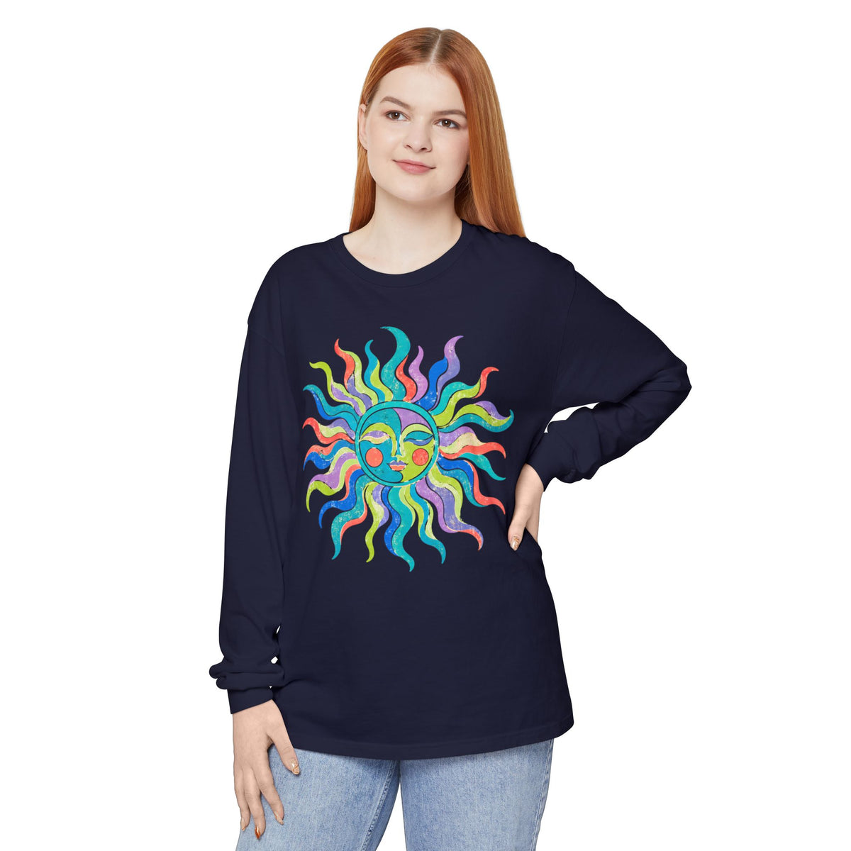 Colorful Sun Long Sleeve Shirt, Celestial Sun Face Tee, Retro Folk Art Shirt, Whimsical Boho Graphic Top