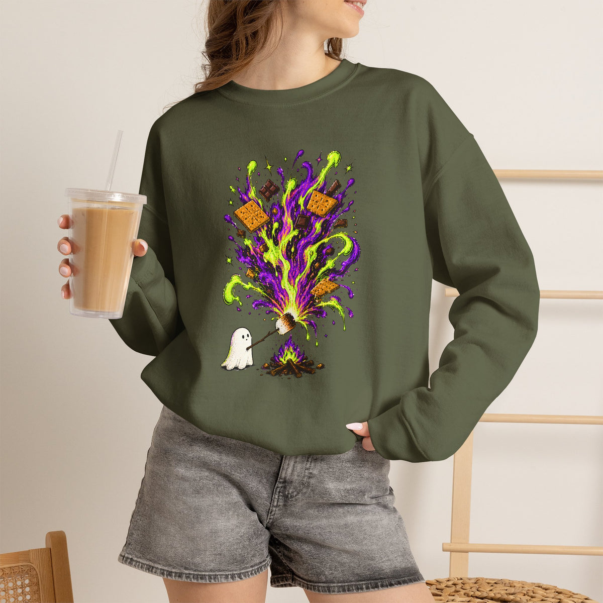Halloween Ghost Smores Sweatshirt, Neon Spooky Campfire Crewneck, Cute Ghost Marshmallow Shirt, Halloween Camping Sweatshirt