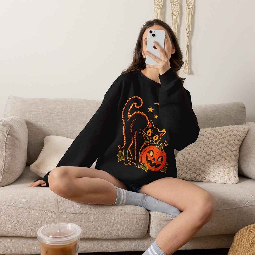 Vintage Halloween Black Cat Sweatshirt, Retro Pumpkin Moon Crewneck, Weird Spooky Cat Gildan 18000 Halloween Sweater