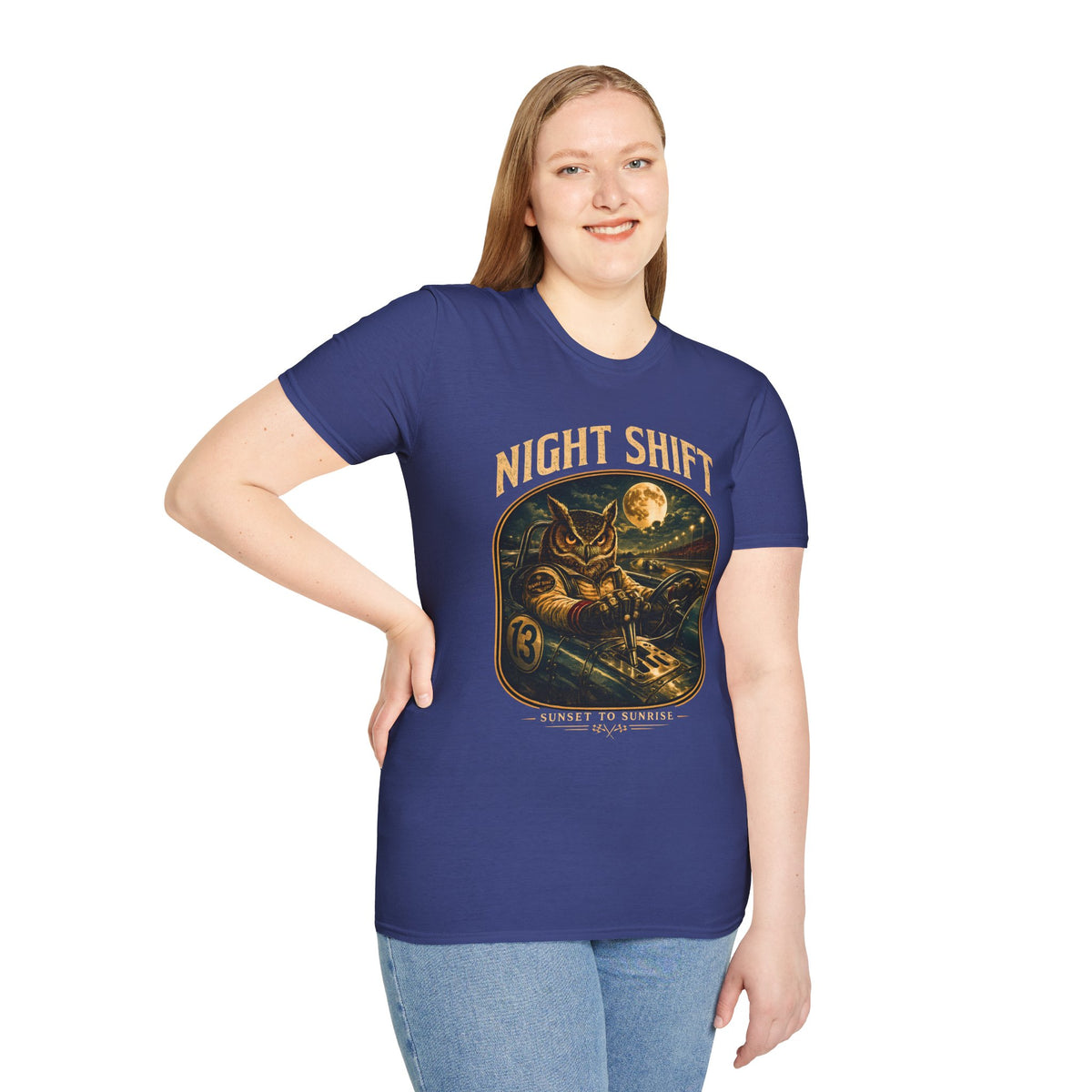 Night Shift Racing Shirt, Owl Race Car Tee, Vintage Motorsport, Sunset To Sunrise Graphic, Night Owl Racing, Retro Racing Gift