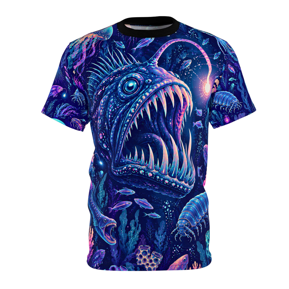 The Deep End Anglerfish Shirt | Bioluminescent Deep Sea Creatures | All Over Print Ocean Horror Tee | Weird Marine Life Gift