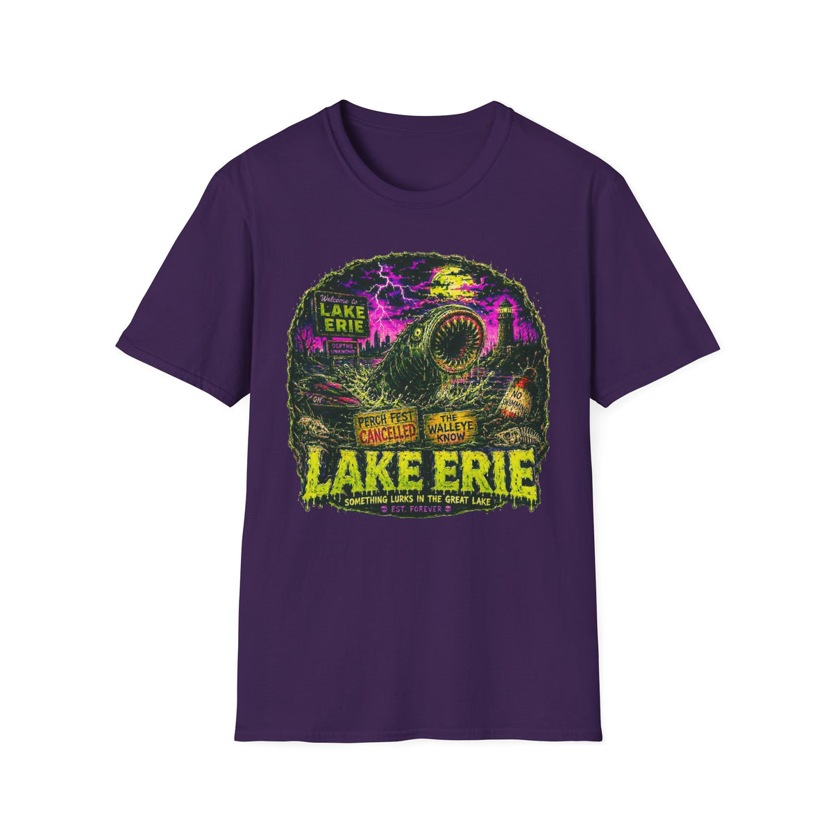 Lake Erie Cryptid Horror Graphic, Midwest Gothic Monster Apparel, Walleye Know Retro Tourism Design, Analog Horror Streetwear