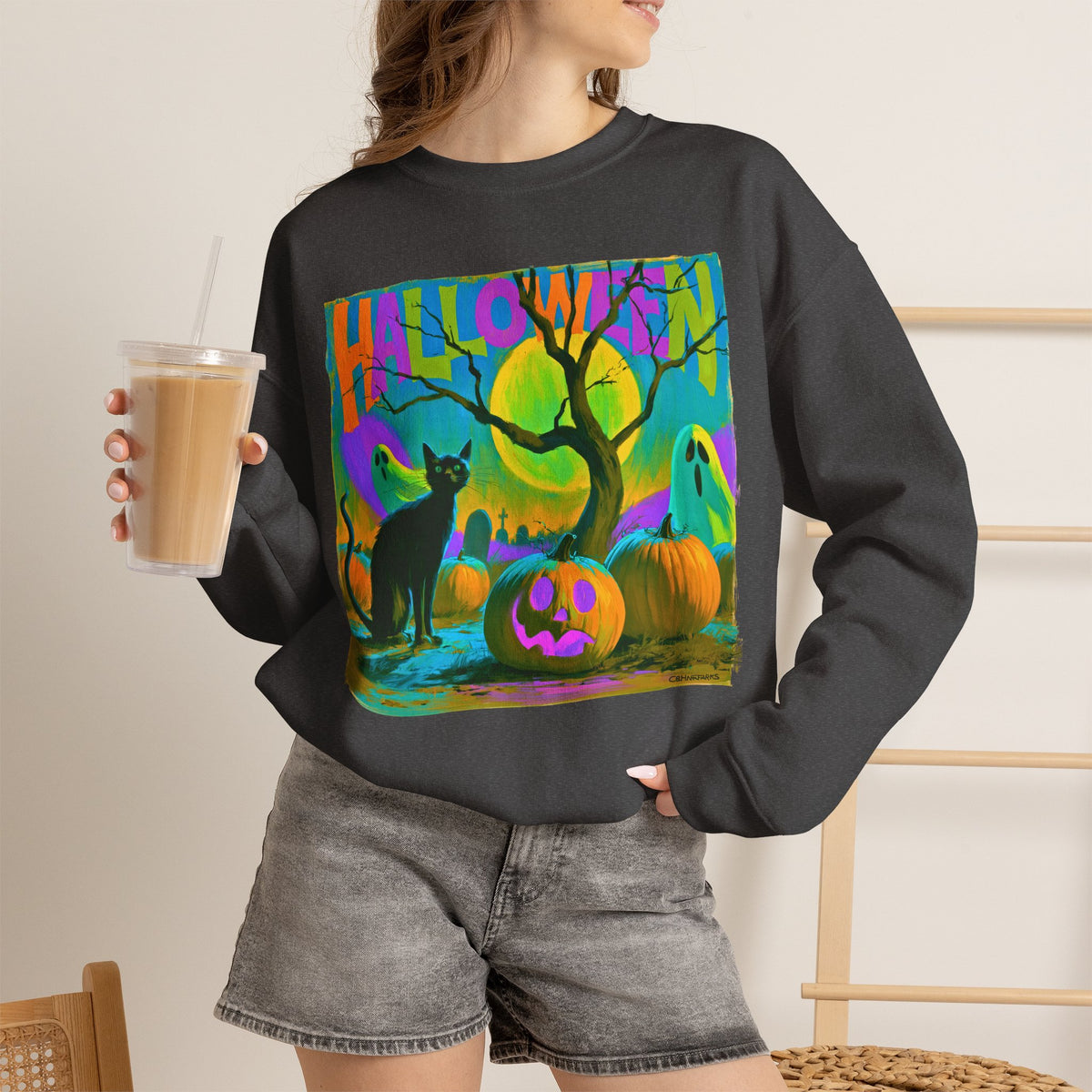 Colorful Halloween Sweatshirt, Black Cat Ghost Pumpkin Crewneck, Neon Spooky Halloween Shirt, Retro Halloween Sweater