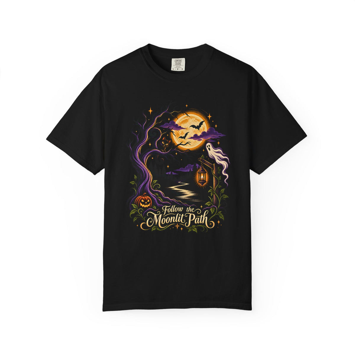 Halloween Shirt, Haunted Trail Tee, Moonlit Path Graphic, Spooky Ghost Black Cat Pumpkin Shirt, Comfort Colors 1717 Fall Tee