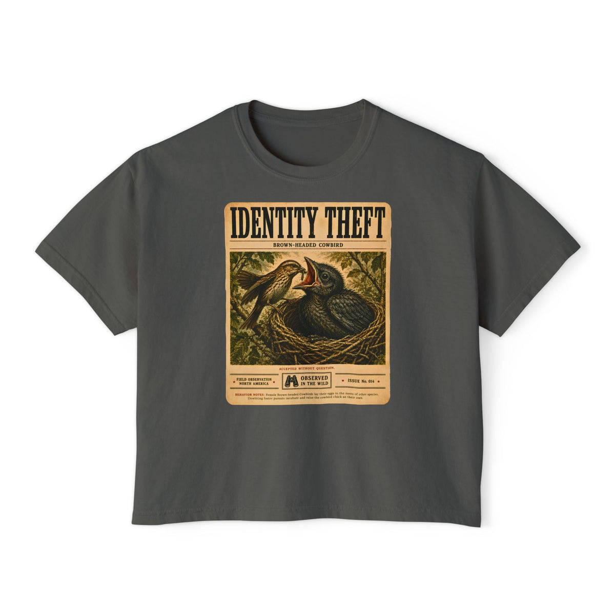 Identity Theft Boxy Tee | Cowbird Birdwatching Shirt | Vintage Nature Graphic Tee | Funny Ornithology Gift | Wildlife Poster