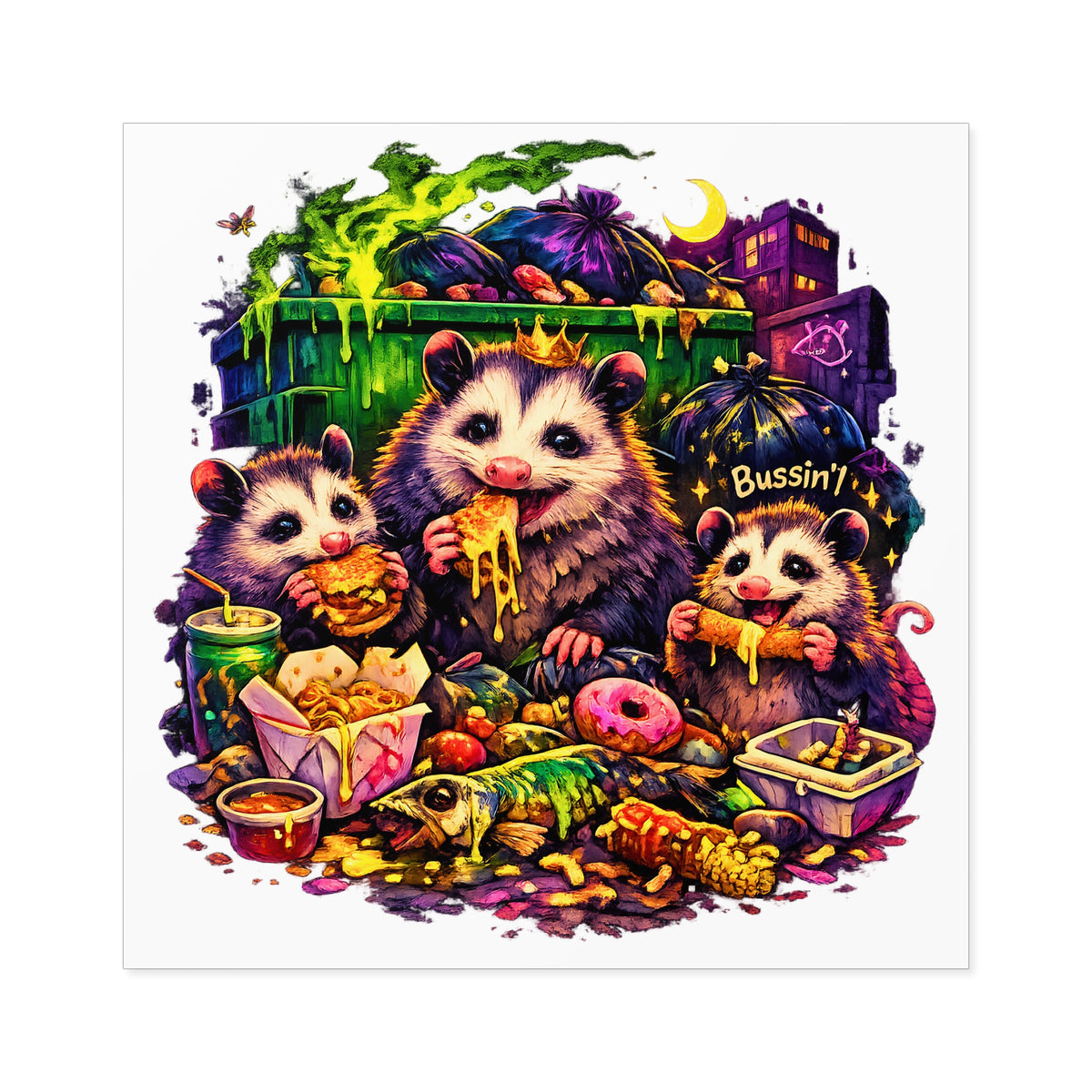 Bussin Opossum Square Sticker | Funny Dumpster Feast Vinyl Decal