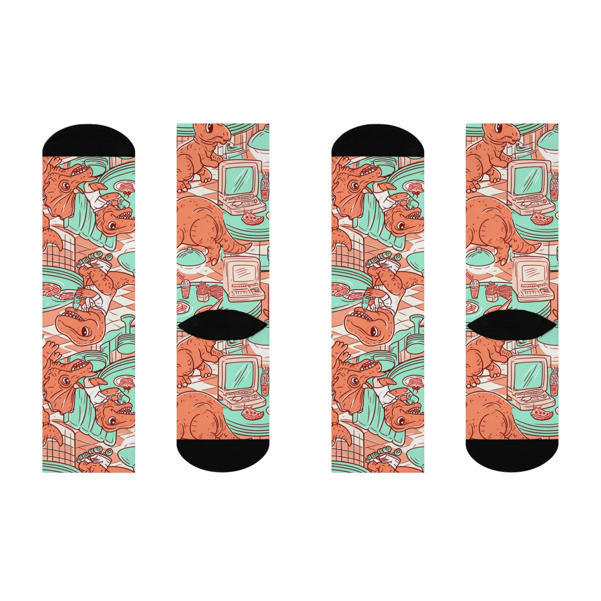 Retro Dinosaur Diner Crew Socks | Mint Coral Vintage Print