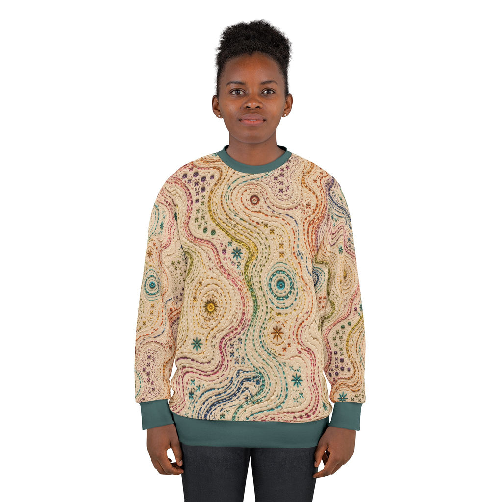 Threaded Terrain Embroidered Style All Over Sweatshirt | Abstract Topographic Stitch Pattern | Cozy Unisex Pullover