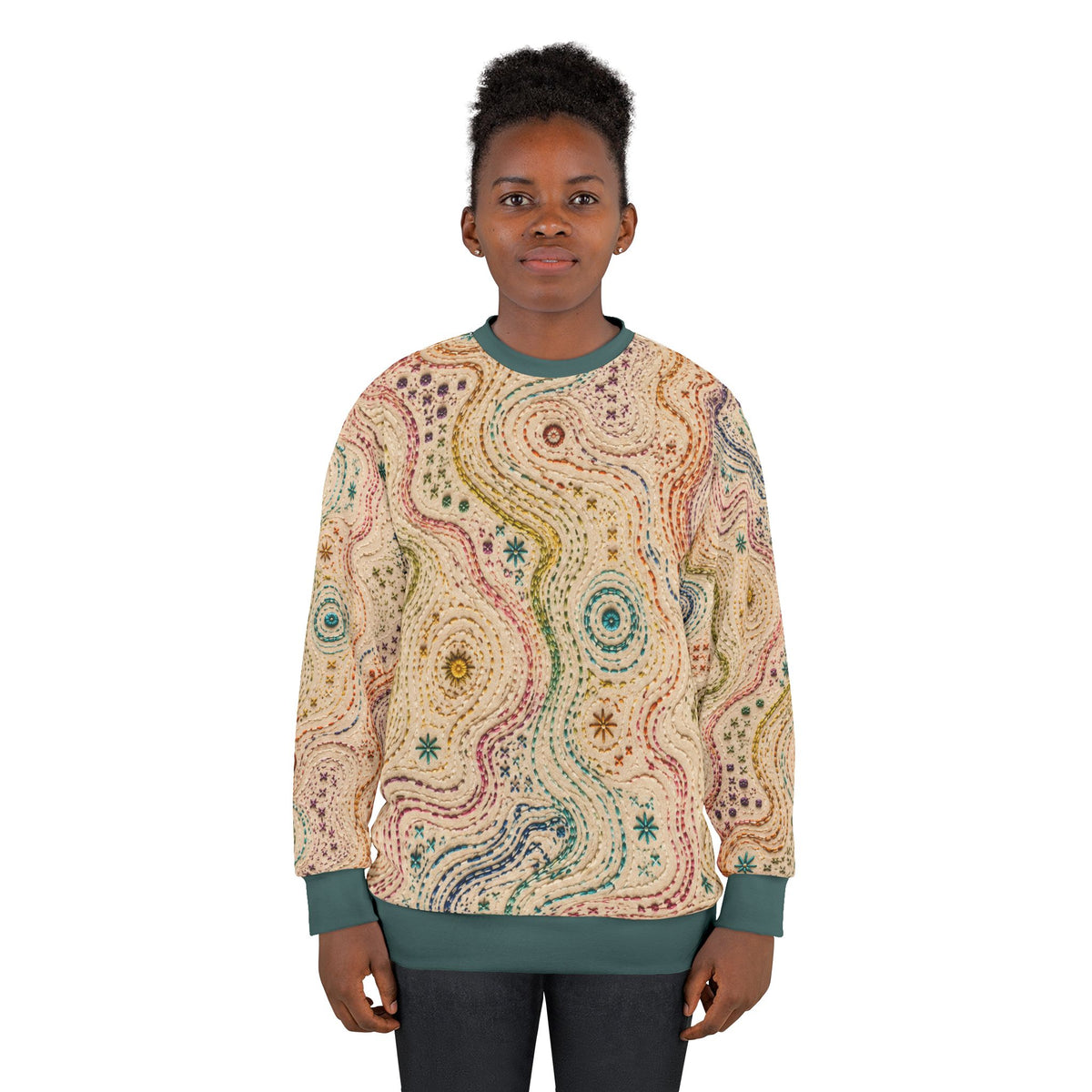 Threaded Terrain Embroidered Style All Over Sweatshirt | Abstract Topographic Stitch Pattern | Cozy Unisex Pullover
