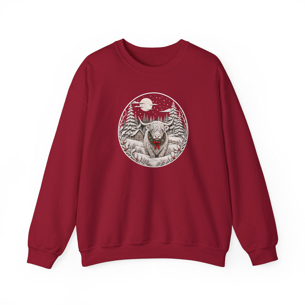 Winter Highland Cow Crewneck Sweatshirt, Rustic Christmas Scene, Cozy Farmhouse Style