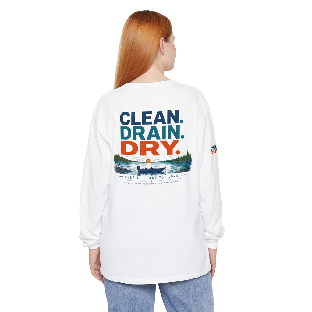 Long Sleeve Tee — "Clean. Drain. Dry." Lake Conservation Shirt