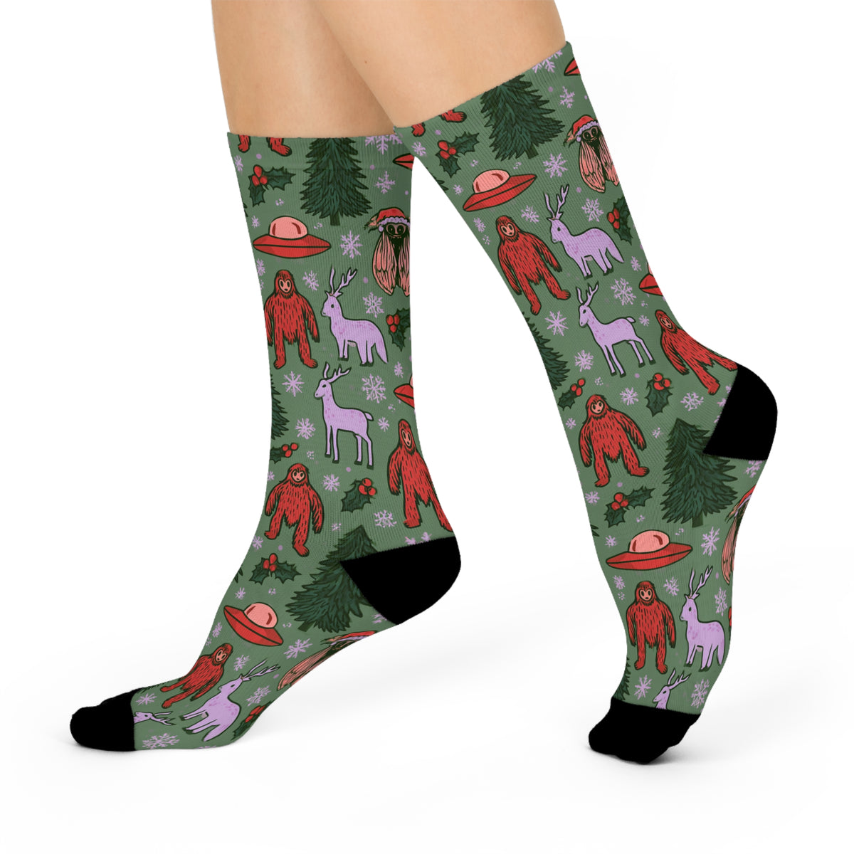 Cryptid Christmas Crew Socks | Bigfoot Mothman UFO Holiday