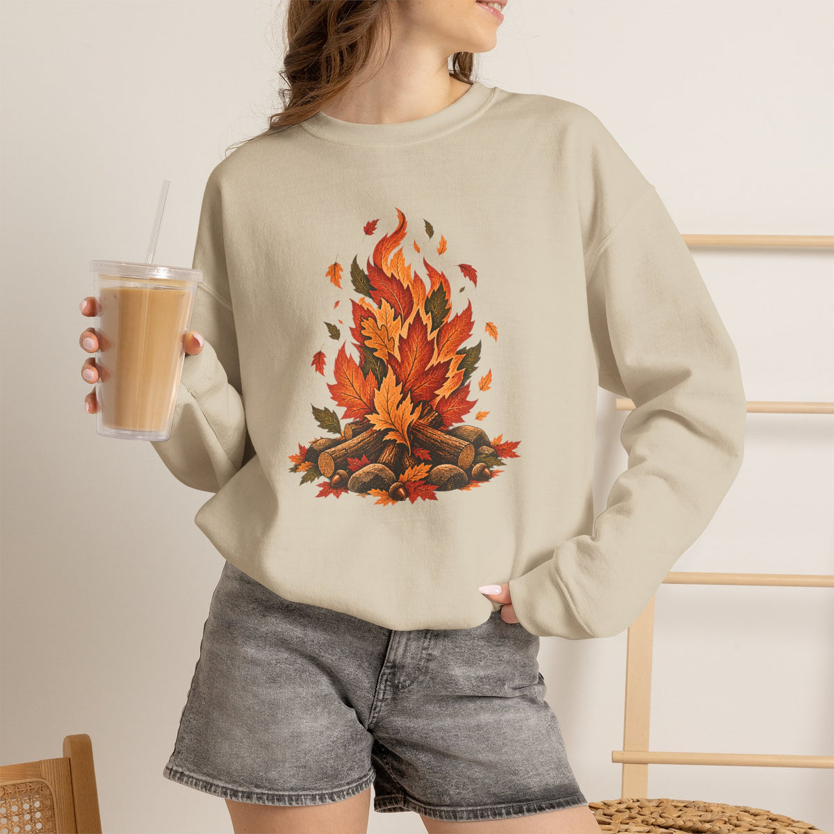 Autumn Leaf Bonfire Sweatshirt, Fall Leaves Campfire Crewneck, Cozy Fall Sweatshirt, Vintage Nature Shirt, Camping Pullover