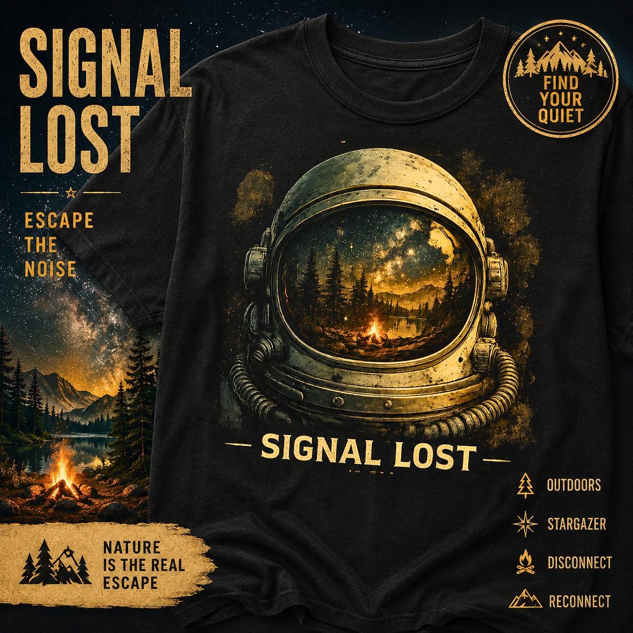 Signal Lost Astronaut Shirt, Cosmic Wilderness Campfire Graphic Tee
