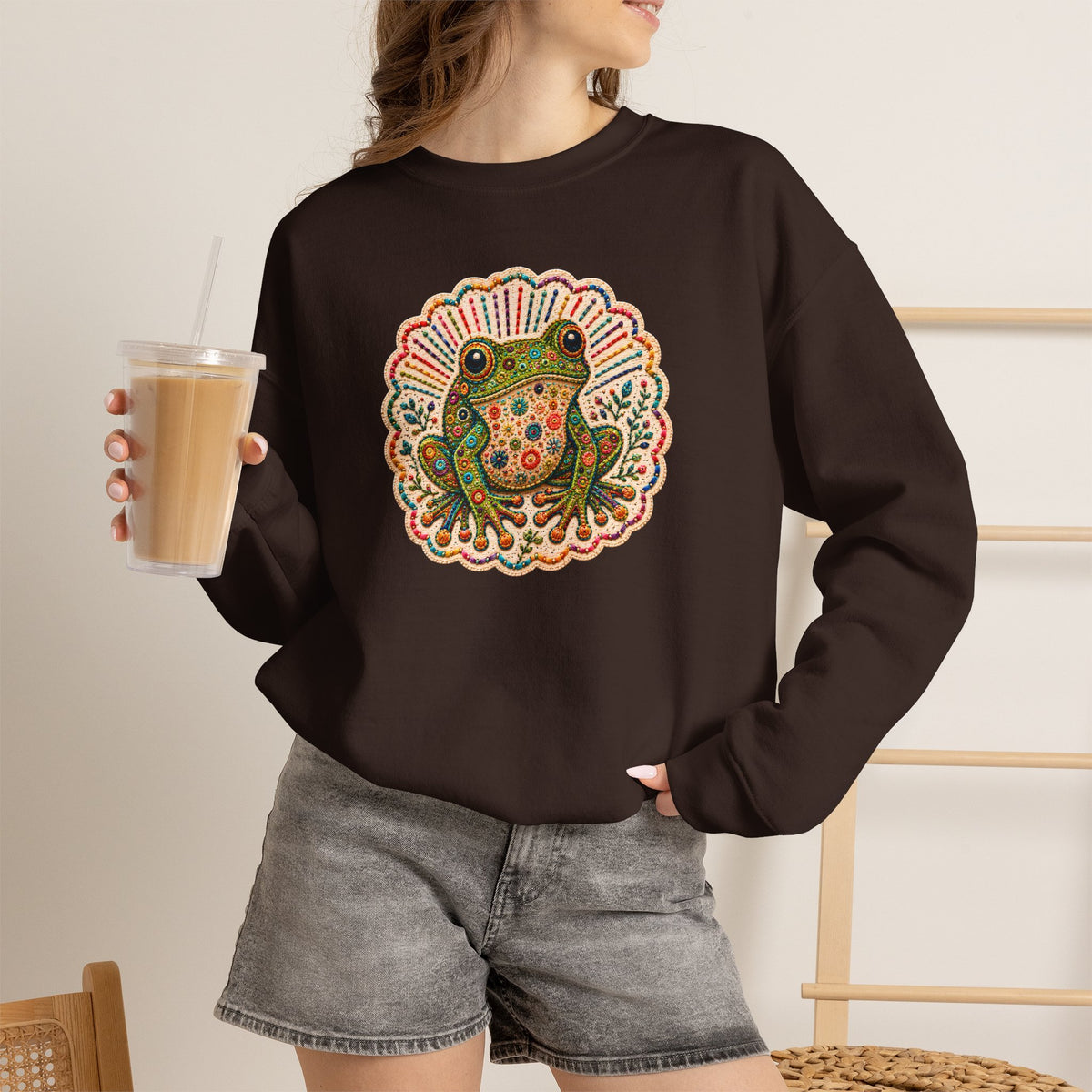 Colorful Folk Art Frog sweatshirt | Retro Floral Amphibian