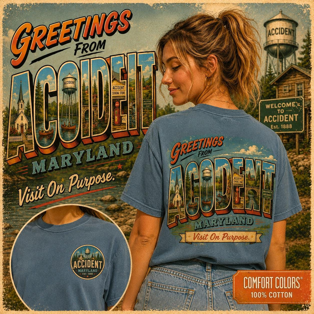 Greetings From Accident Maryland Postcard Graphic Tee, Vintage Small Town Souvenir Shirt