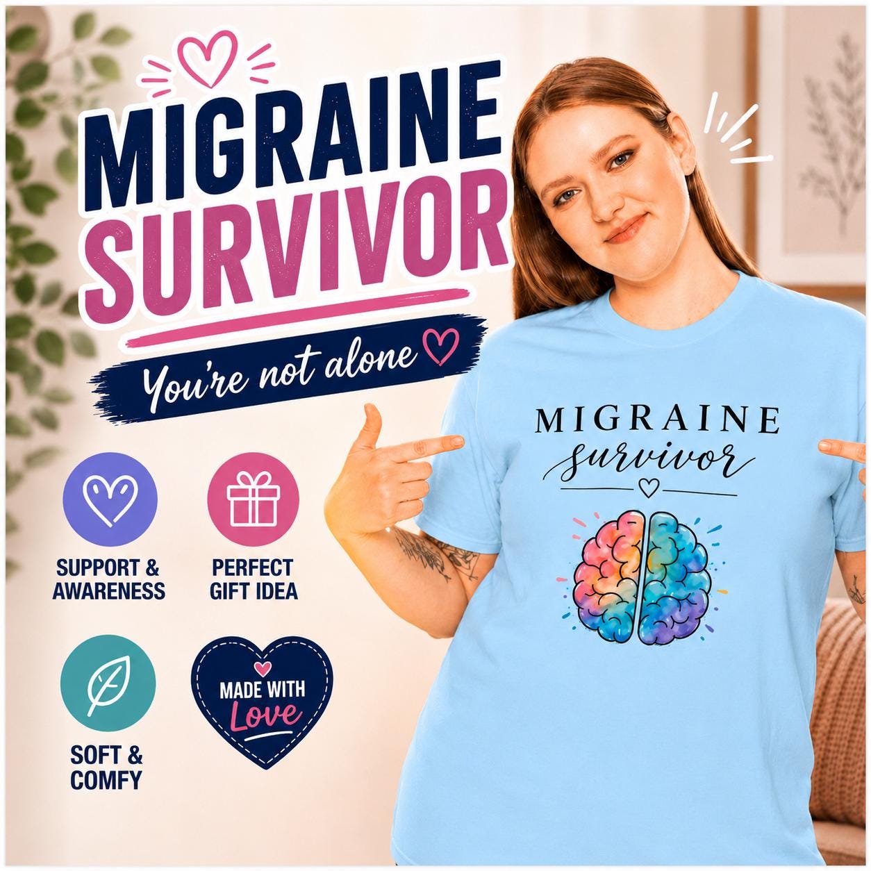 Migraine Survivor Shirt | Colorful Brain Graphic Tee, Mental Health Awareness
