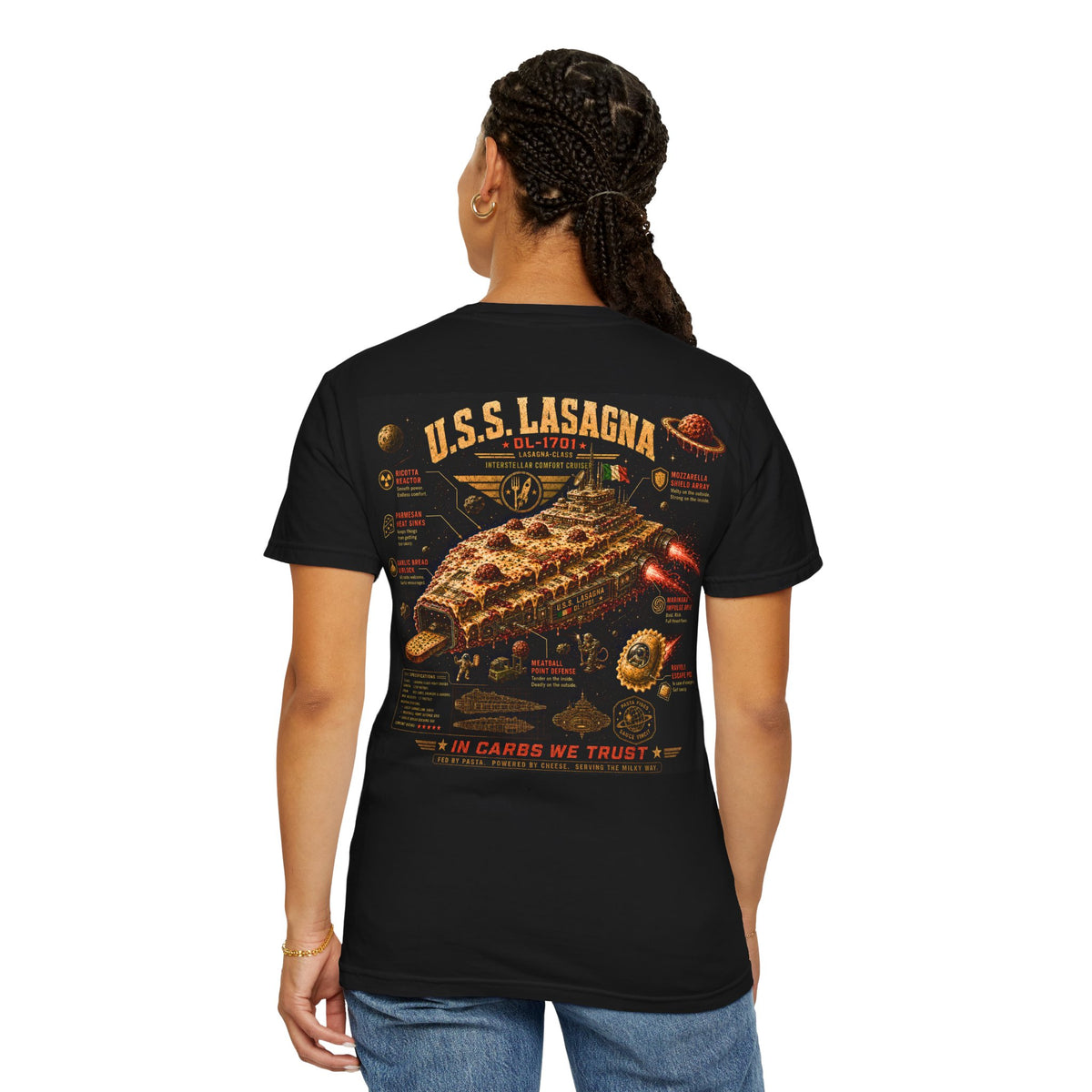 Space Lasagna Shirt, Funny Sci Fi Pasta T-Shirt, USS Lasagna DL-1701 Graphic Tee, Retro Space Food Shirt, Nerd Gift, Comfort Colors 1717