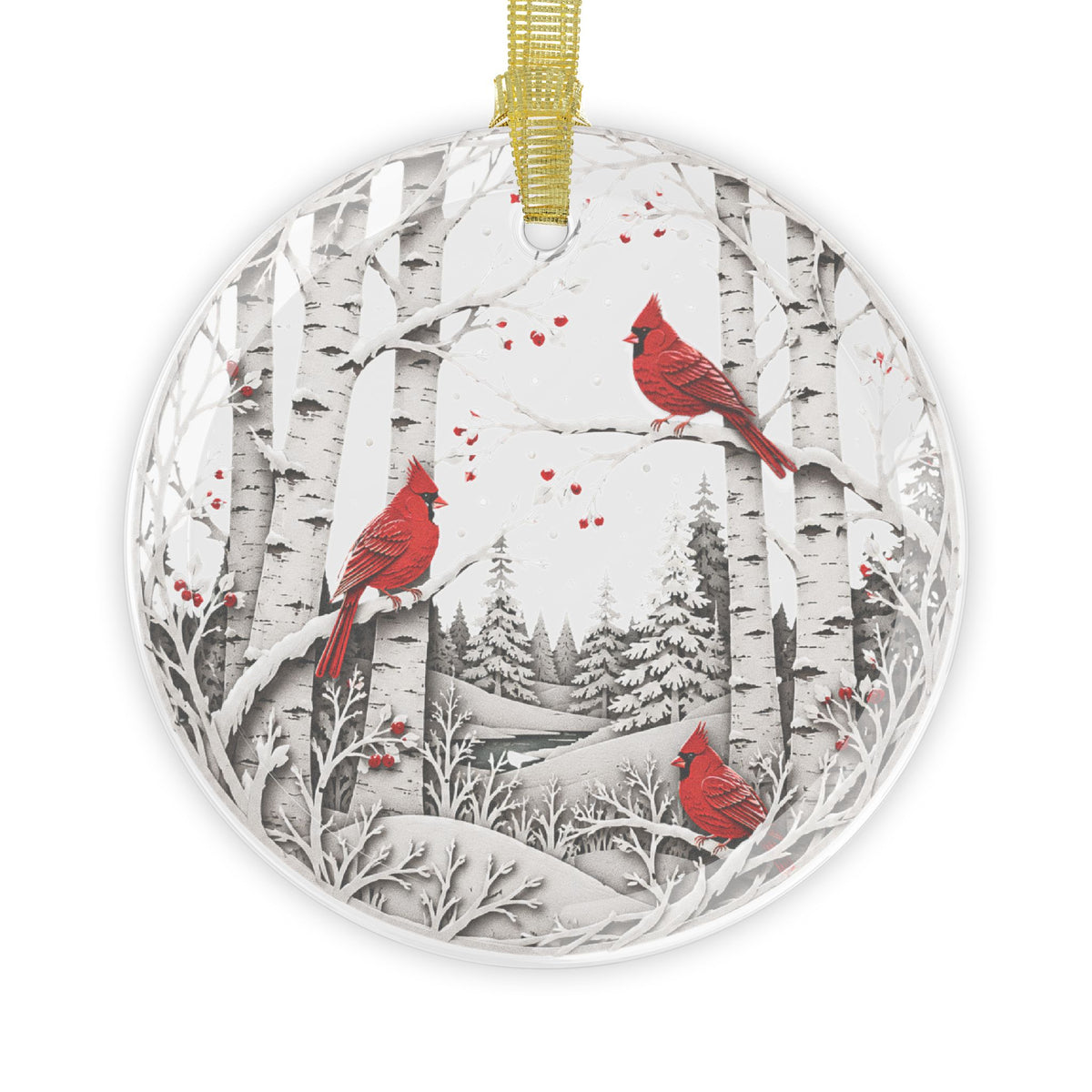 Winter Cardinals Ornament | Layered Birch Forest Christmas Tree Decoration | Nature Lover Holiday Gift