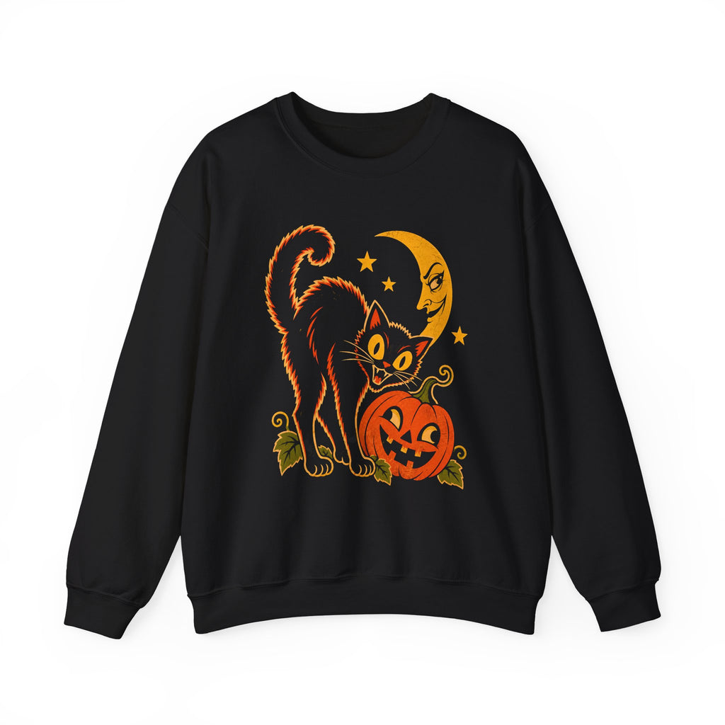 Vintage Halloween Black Cat Sweatshirt, Retro Pumpkin Moon Crewneck, Weird Spooky Cat Gildan 18000 Halloween Sweater