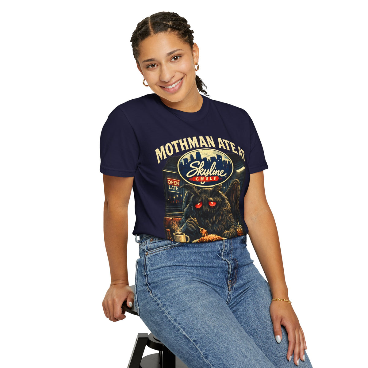 Satirical Mothman Chili Shirt, Cryptid Diner Graphic, Midnight Ohio Humor, Retro Monster Aesthetic, Open Late Apparel