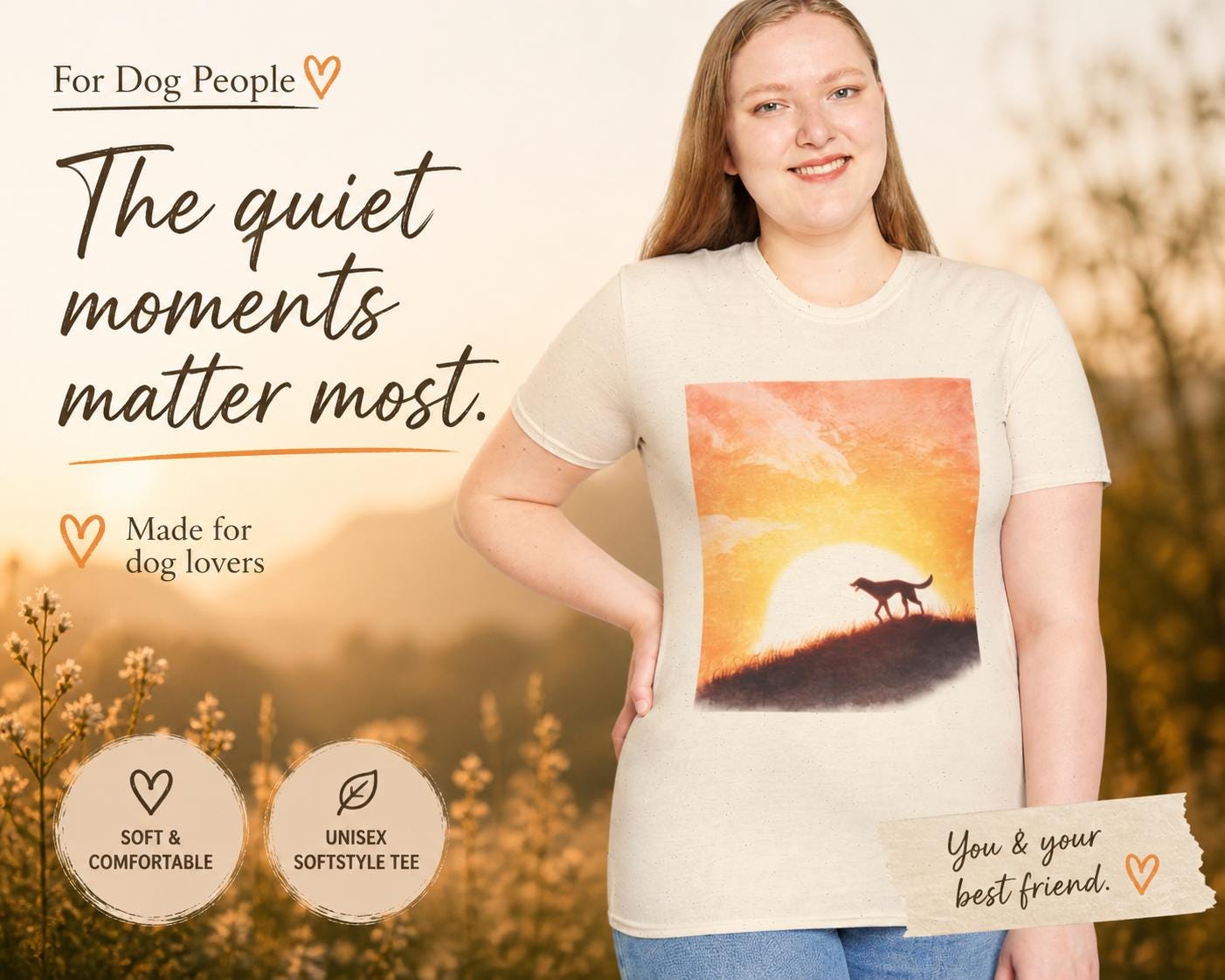 Dog Silhouette Sunset Landscape Tee, Unisex Softstyle Nature Shirt