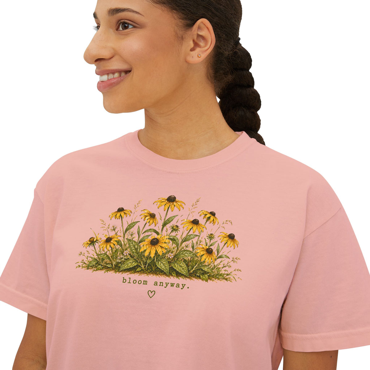 Bloom Anyway Boxy Tee | Black-Eyed Susan Wildflower Shirt | Cottagecore Floral Graphic Tee | Women's Relaxed Cropped Nature Shirt