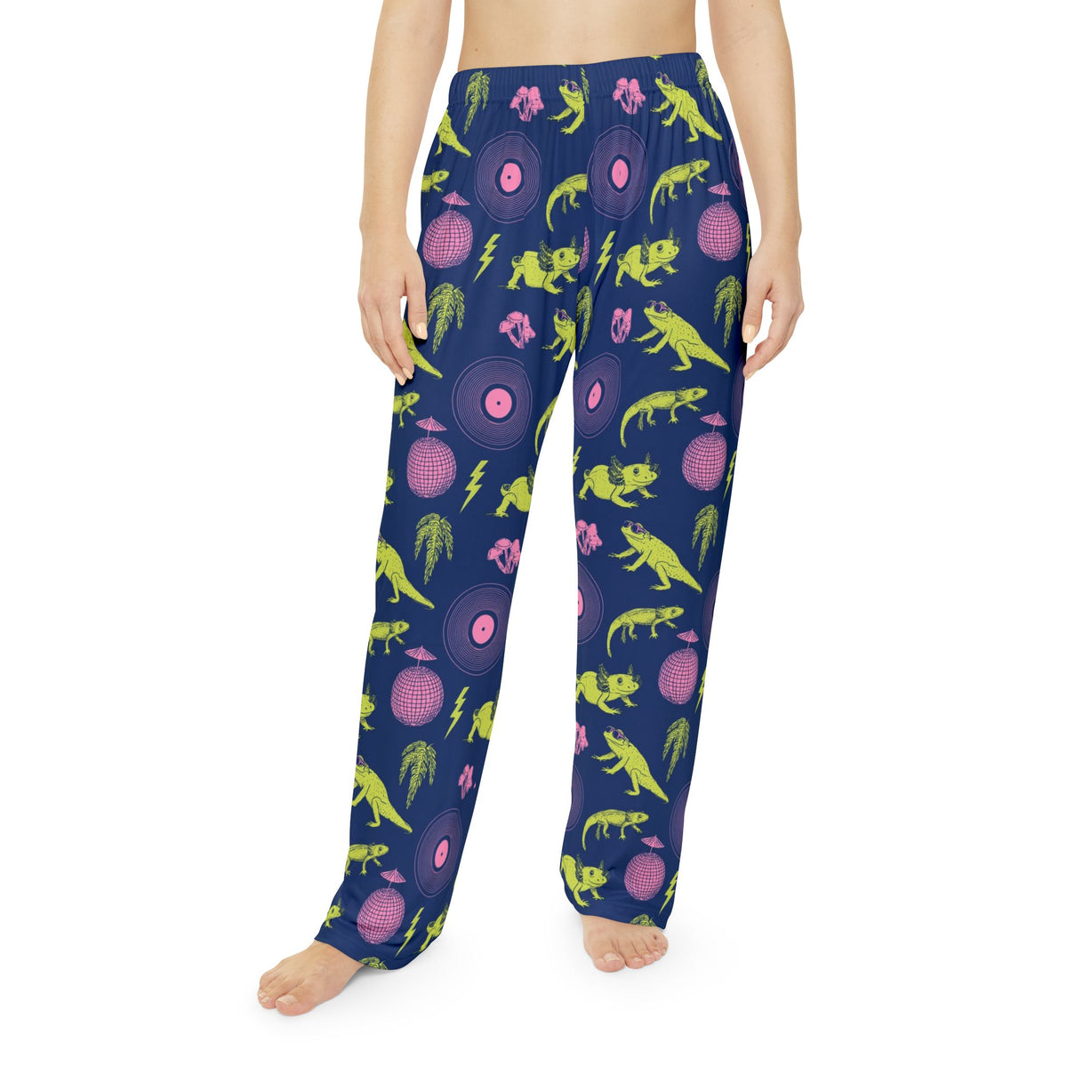 Neon Axolotl Disco Pajama Pants | Lime Pink Dance Print