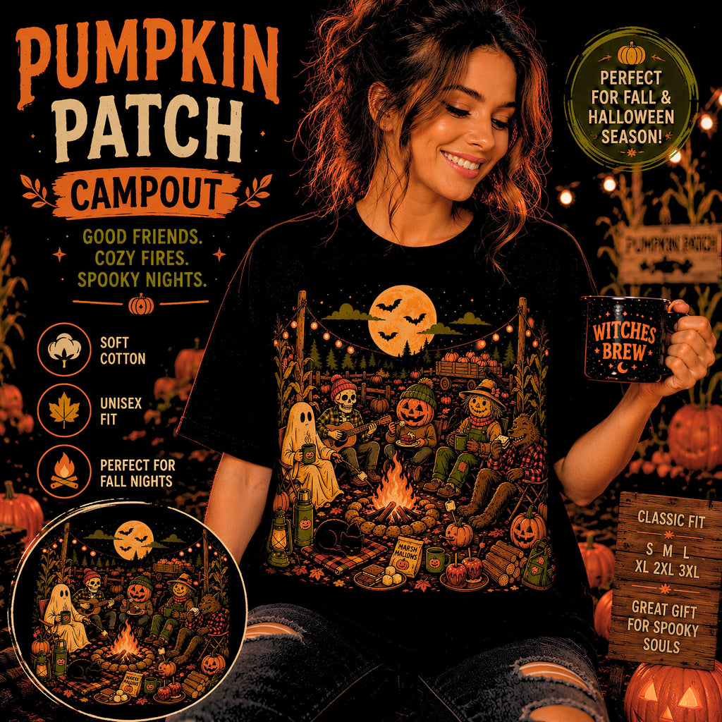 Halloween Campfire Scene T-shirt | Pumpkin, Ghosts, Scarecrow, Jack-O'-Lanterns