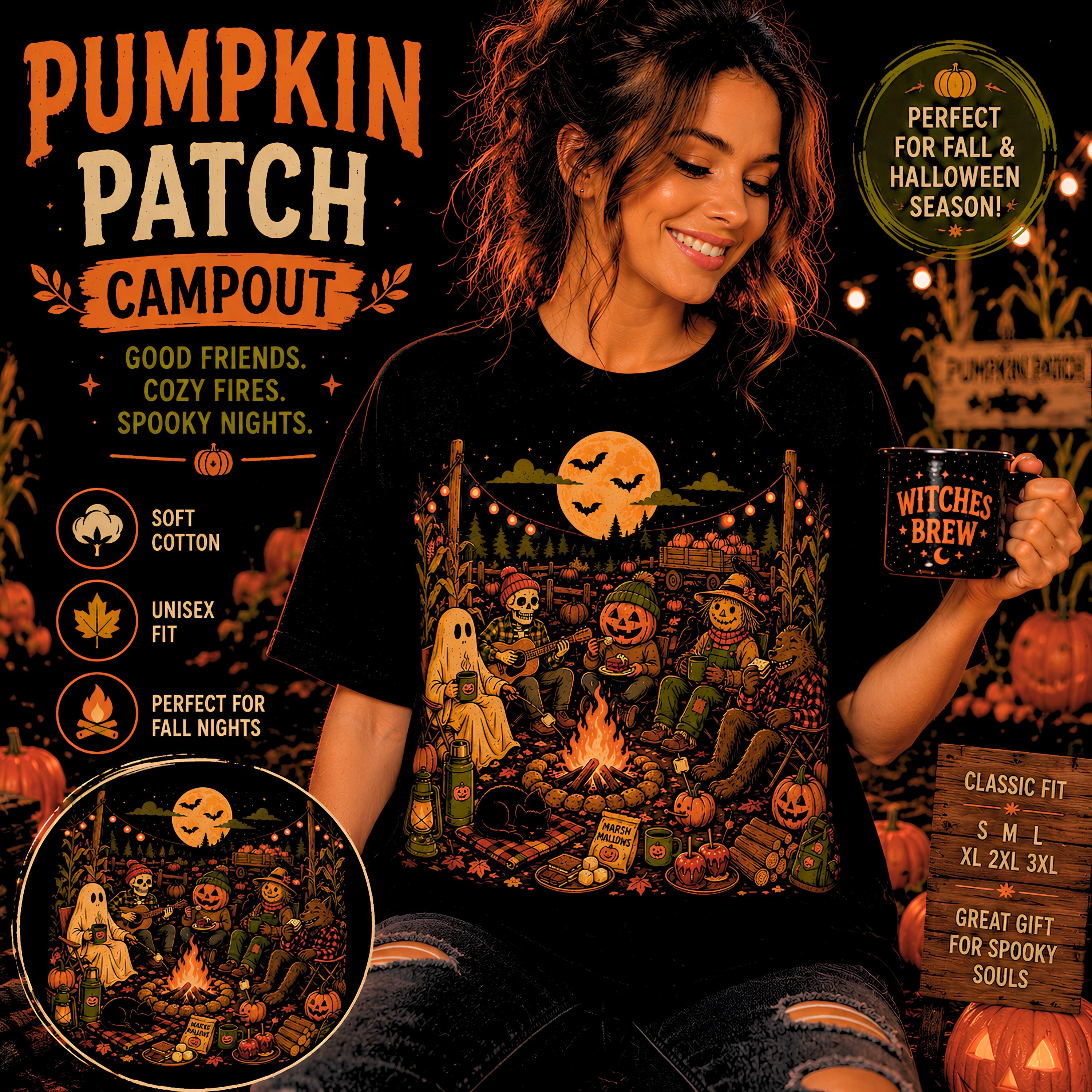 Halloween Campfire Scene T-shirt | Pumpkin, Ghosts, Scarecrow, Jack-O'-Lanterns