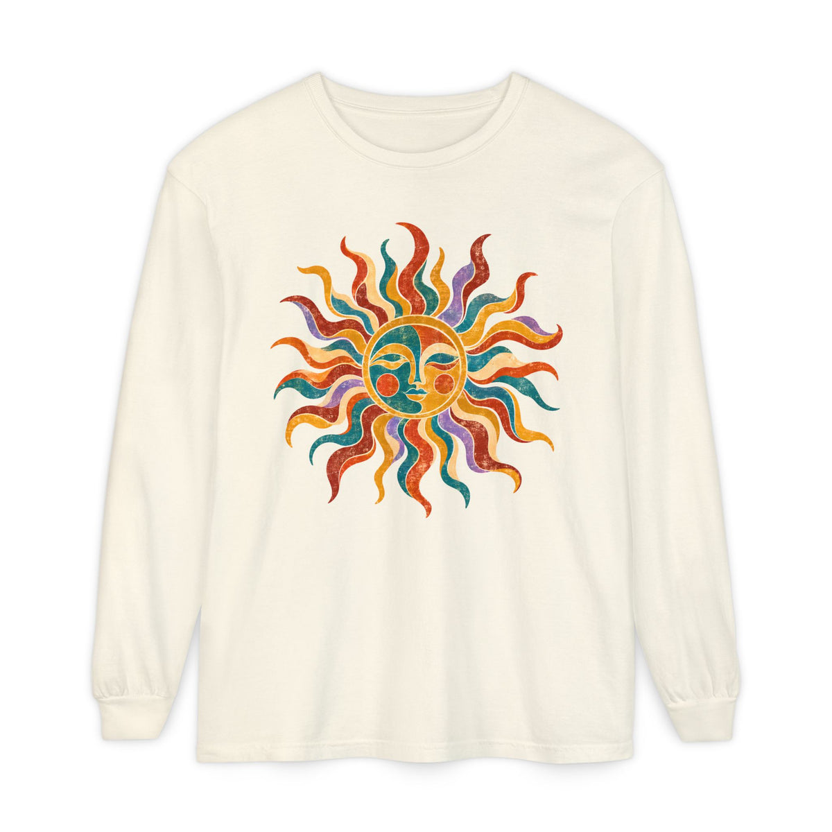 Retro Sun Long Sleeve Shirt, Folk Art Celestial Tee, Vintage Sun Face Shirt, Boho Graphic Long Sleeve