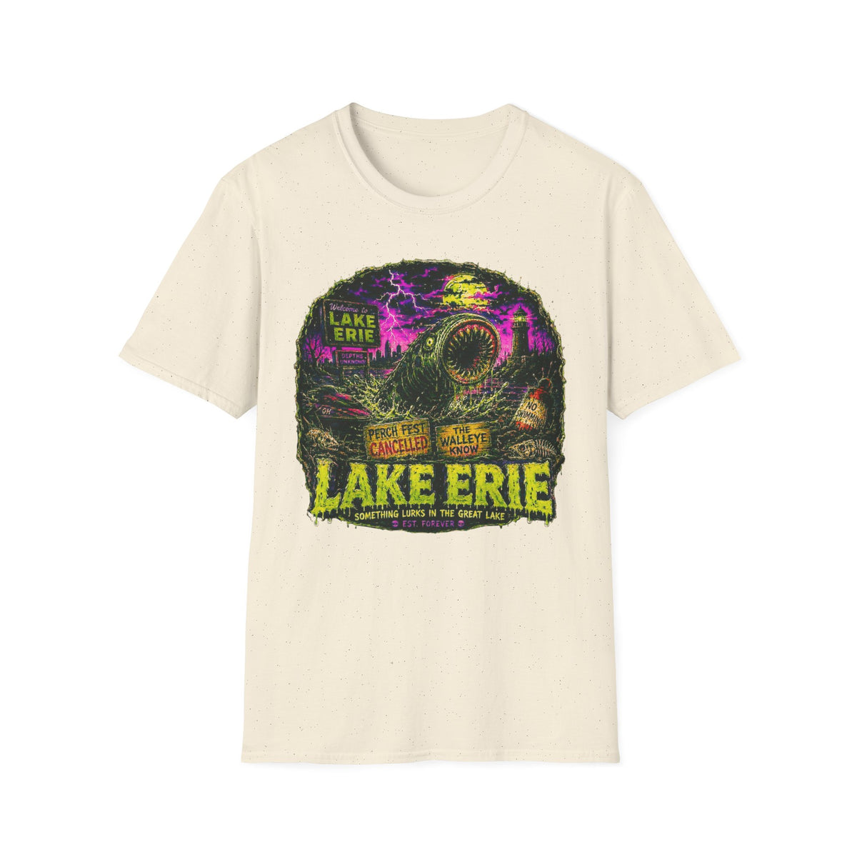 Lake Erie Cryptid Horror Graphic, Midwest Gothic Monster Apparel, Walleye Know Retro Tourism Design, Analog Horror Streetwear