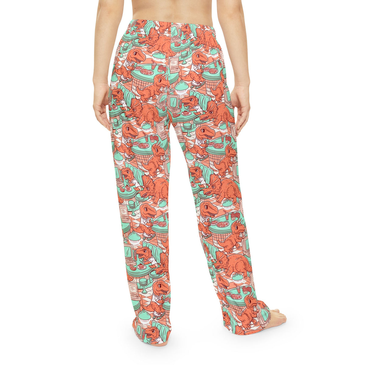 Retro Dinosaur Diner Pajama Pants | Mint Coral Vintage Print