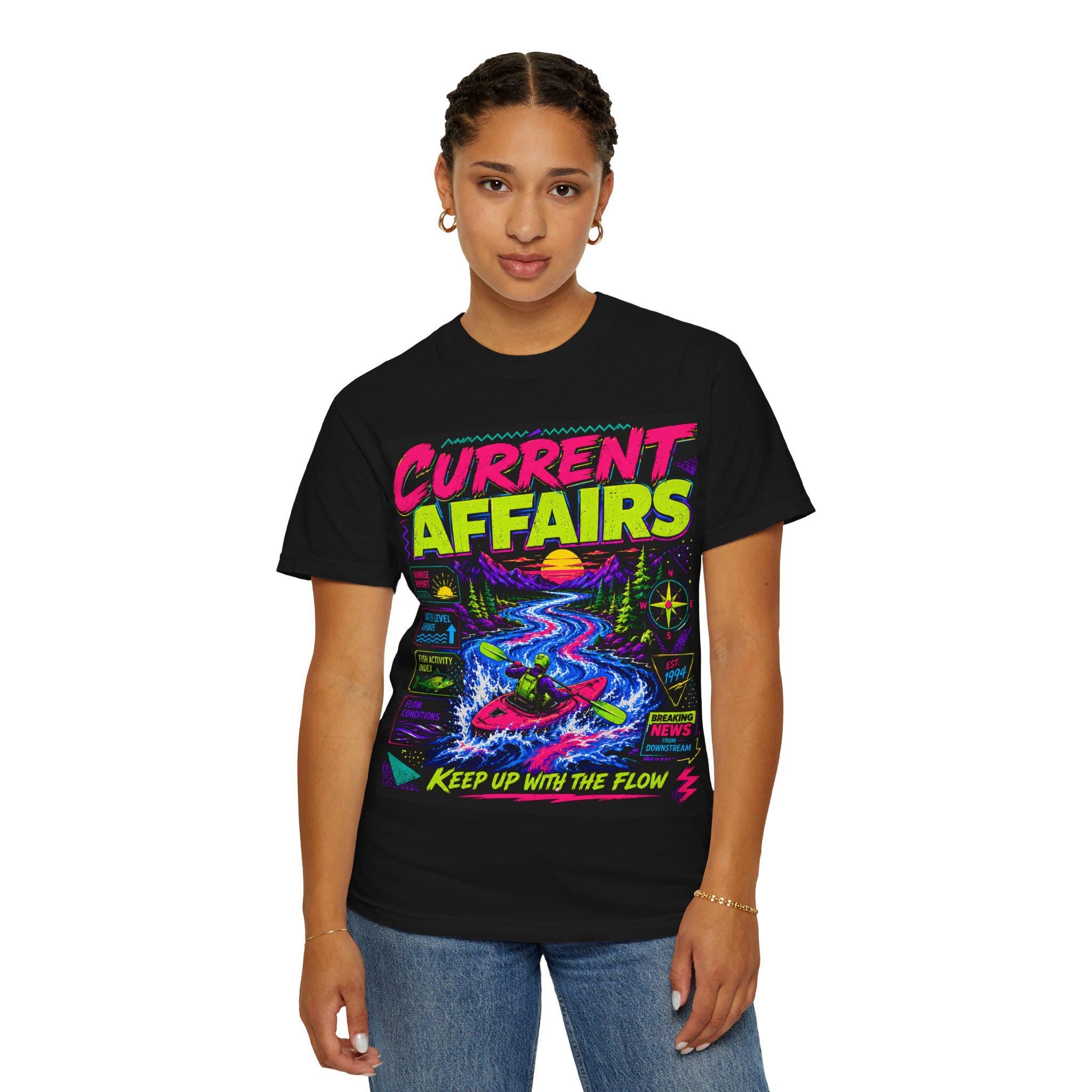 Neon Kayak River Graphic Tee, 90s Outdoor Adventure Shirt, Whitewater Kayaking Apparel