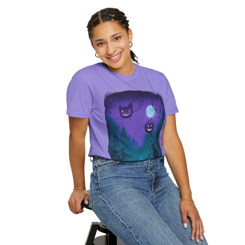 Spooky Jack-o'-Lantern Night T-shirt | Halloween Cat Moon Forest