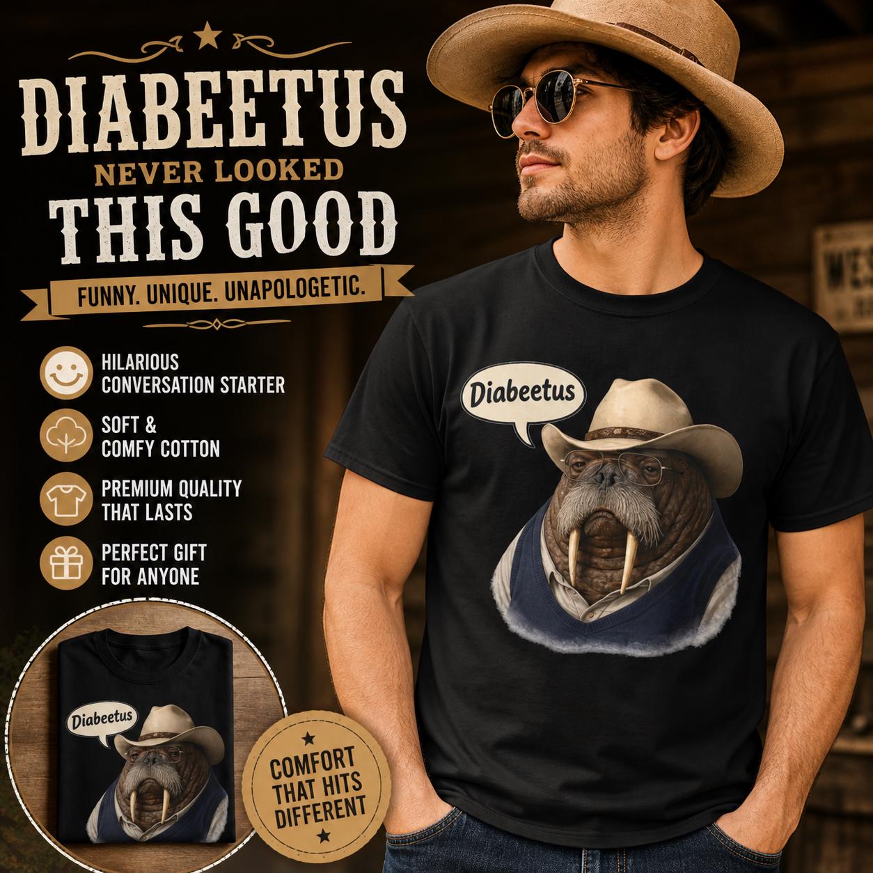 Funny Walrus Cowboy Shirt, Diabetes Humor Western Graphic Tee