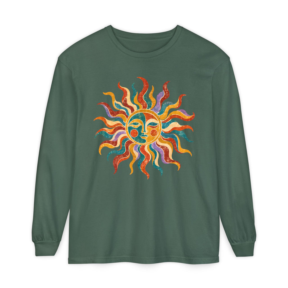 Retro Sun Long Sleeve Shirt, Folk Art Celestial Tee, Vintage Sun Face Shirt, Boho Graphic Long Sleeve