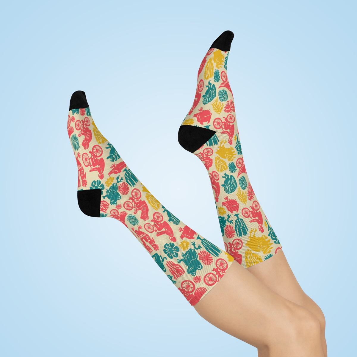 Birds on Bicycles Crew Socks | Retro Roosters & Frogs Print