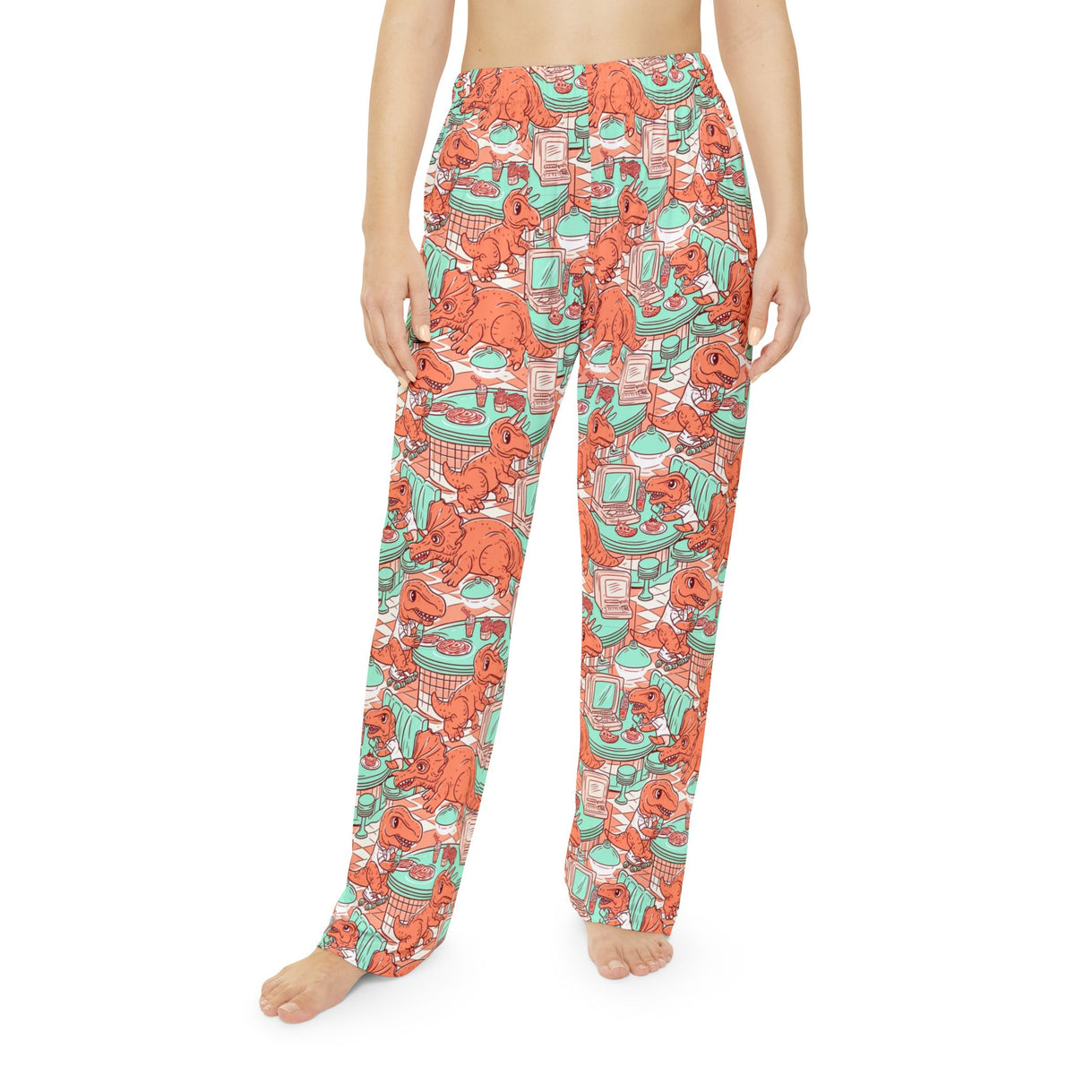 Retro Dinosaur Diner Pajama Pants | Mint Coral Vintage Print