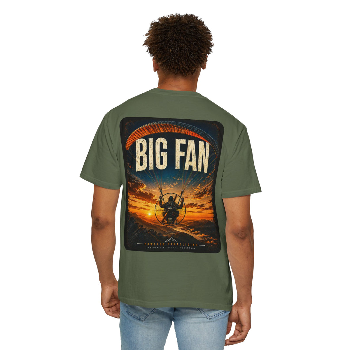 Big Fan Powered Paragliding Shirt, Paramotor Pilot Tee, Adventure Aviation Graphic, Front and Back Outdoor Shirt