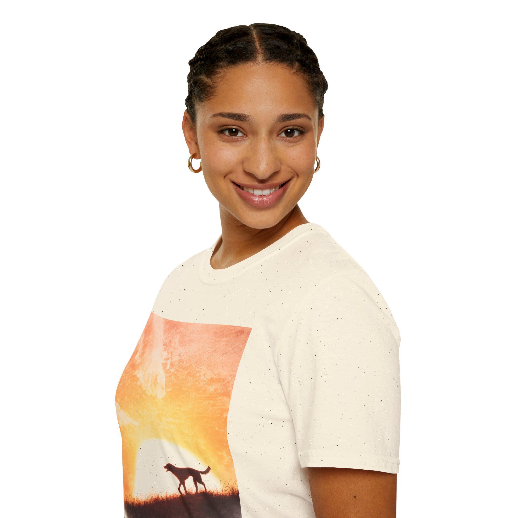 Dog Silhouette Sunset Landscape Tee, Unisex Softstyle Nature Shirt