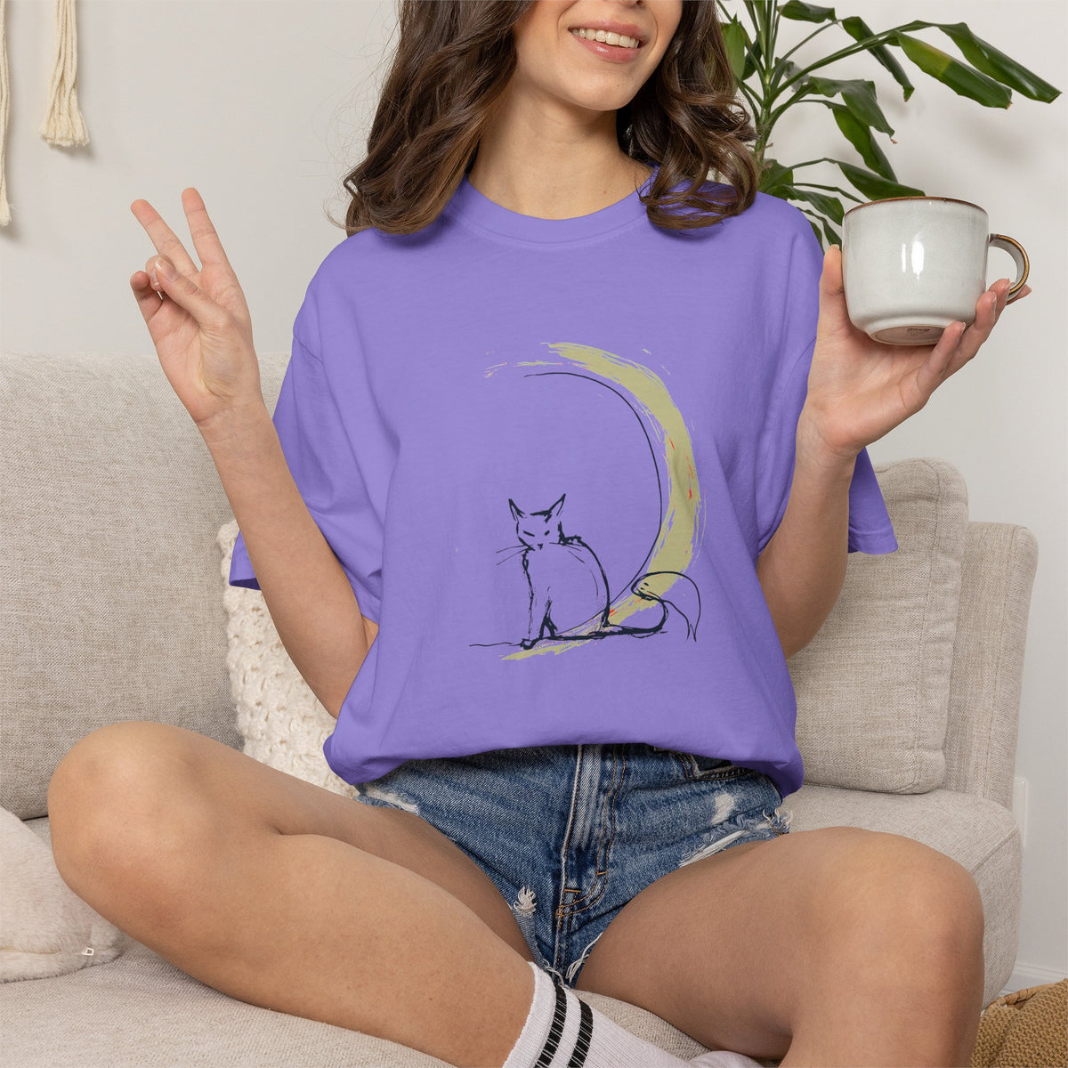 Black Cat Crescent Moon Comfort Colors 1717, Celestial Witchy Graphic Tee, Mystical Gothic Gift for Cat Lovers