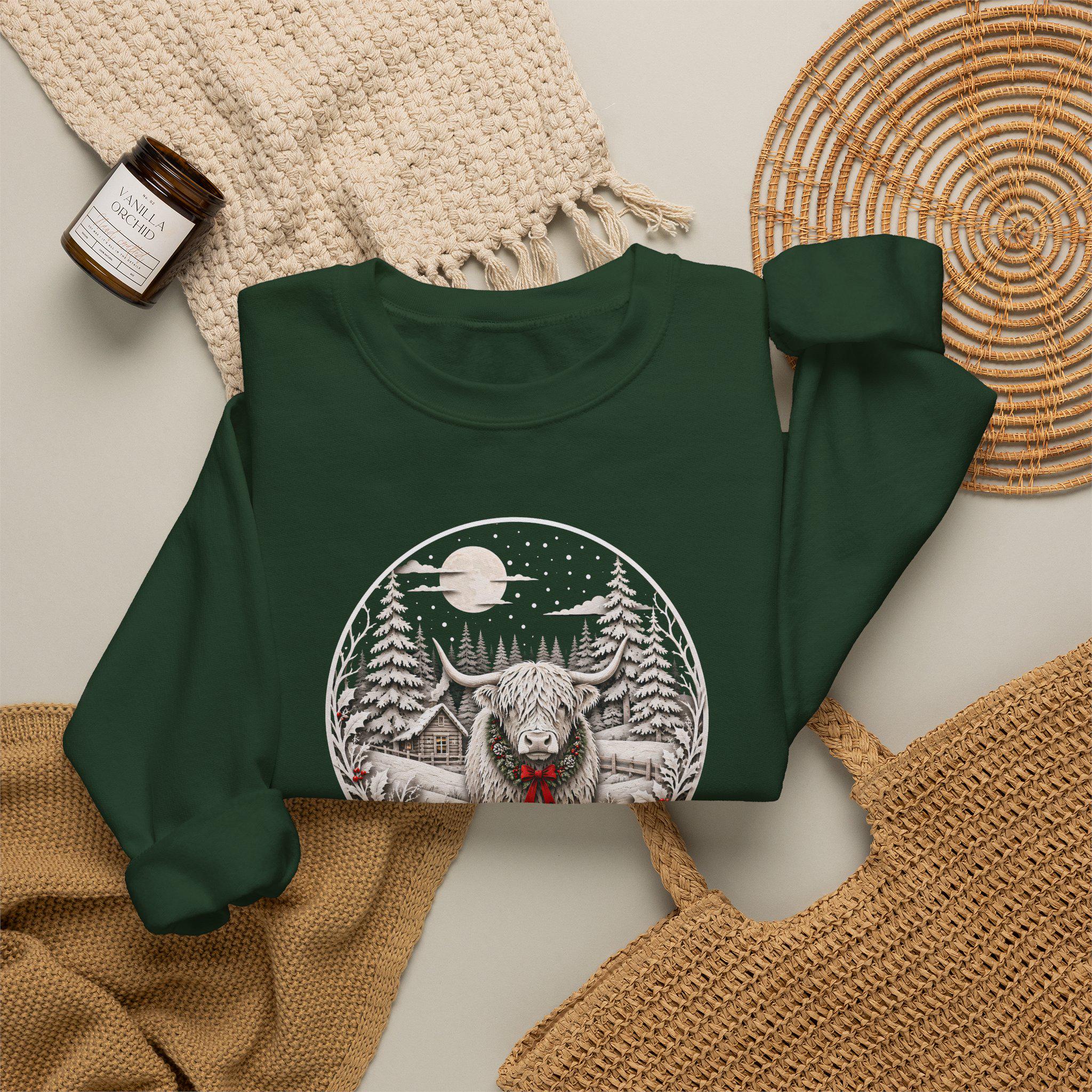 Winter Highland Cow Crewneck Sweatshirt, Rustic Christmas Scene, Cozy Farmhouse Style