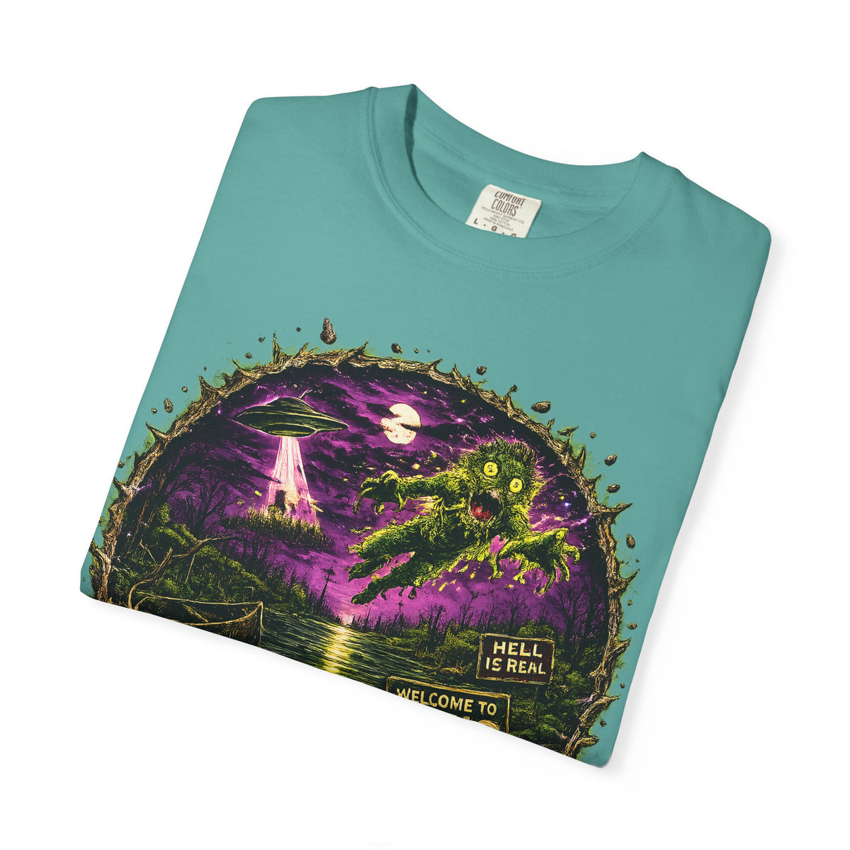Ohio Horror Shirt, Lake Erie Monster Graphic, Cryptid UFO Horror Tee, Midwest Gothic Alien Swamp Design, Retro Halloween Unisex Garment Dyed