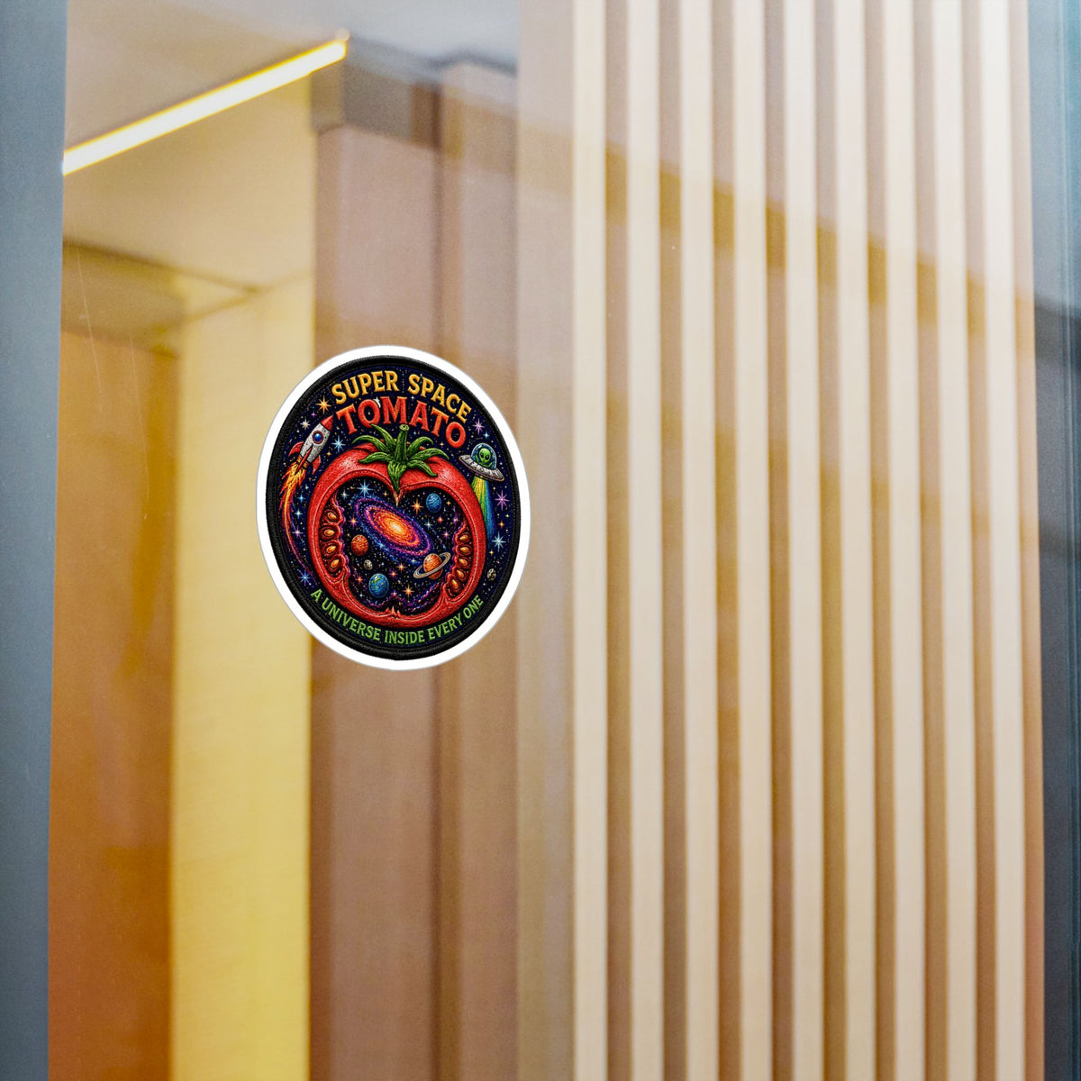 Super Space Tomato Sticker, Cosmic Patch Decal, Retro Galaxy Vinyl, Funny Space Food Art, Psychedelic Sci Fi
